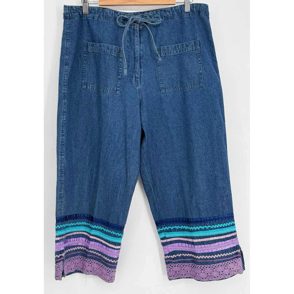 Agapo Collection Womens XL Denim Cropped Pants Boho Lace‎ Ribbon Trim Blue  NEW
